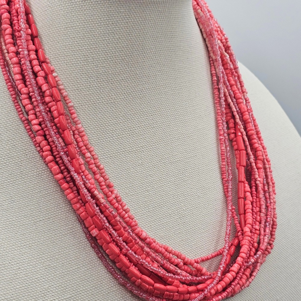 Vintage Multi Strand Pink Seed Bead Statement Necklace Adjustable Layered 23 in